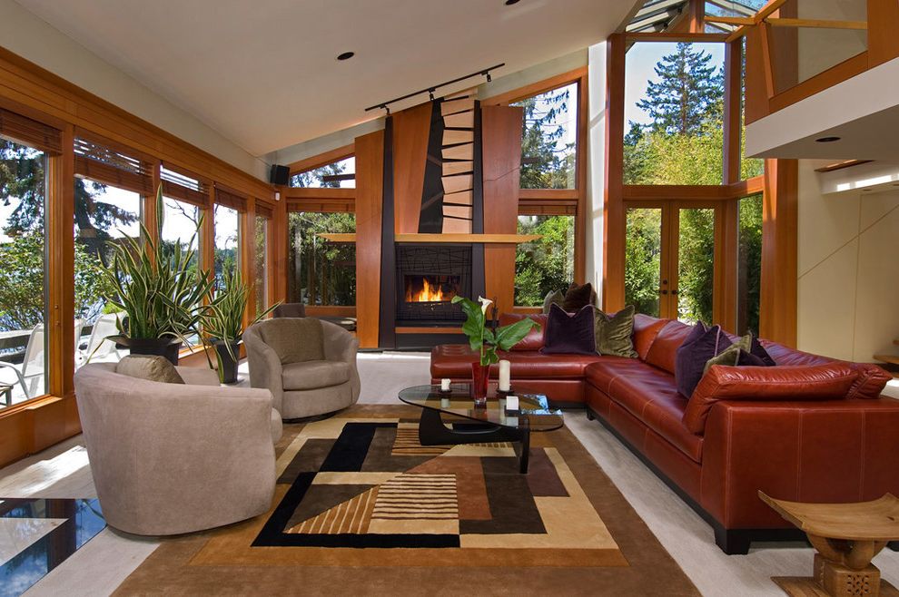 Reclining Sectional for Contemporary Living Room with Unique Fireplace