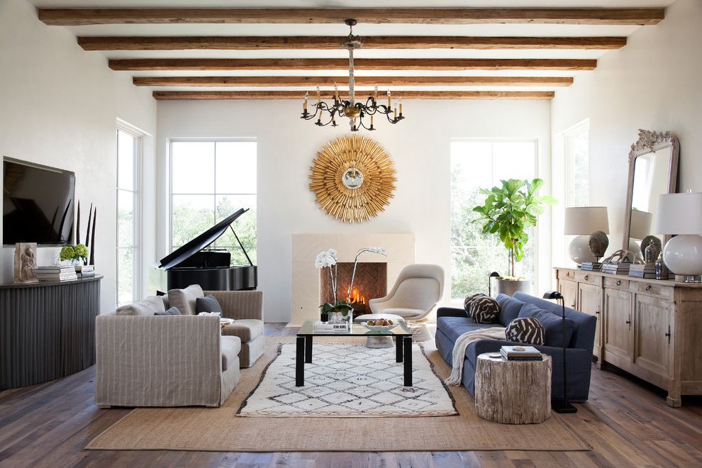 Sunburst Mirror for Mediterranean Living Room with Rustic Wood Side Table