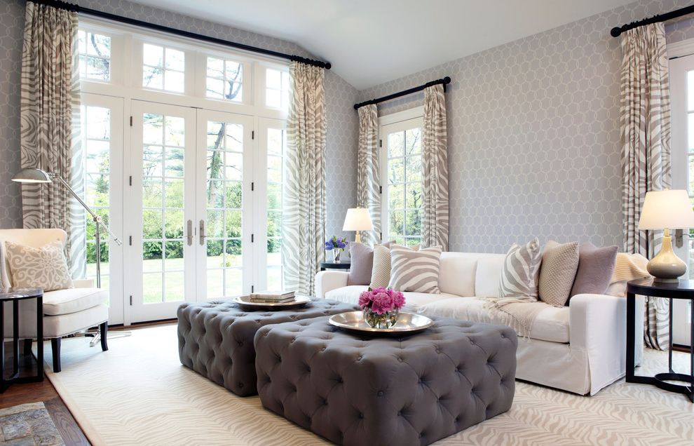 Tufted Ottoman for Transitional Living Room with Fireplace