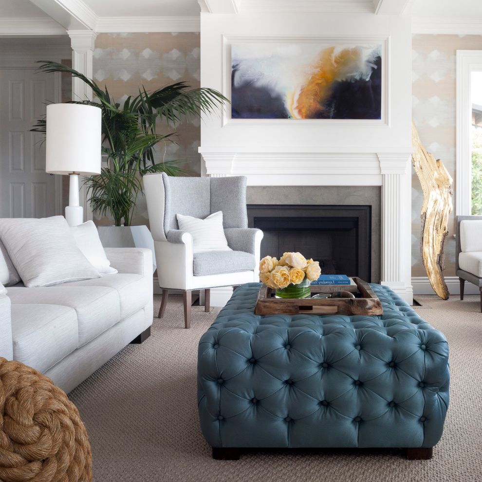 Tufted Ottoman for Transitional Living Room with Wallpaper Accent Wal