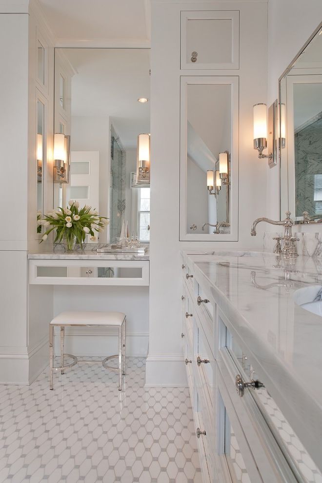 Bathroom Vanity with Makeup Station with Traditional Bathroom Pattern Tile Floor