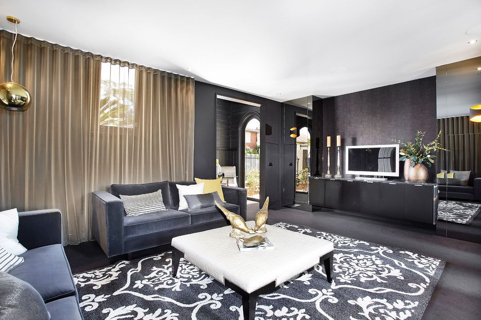 Black and Gold Bathroom Rugs with Contemporary Living Room Black Wall