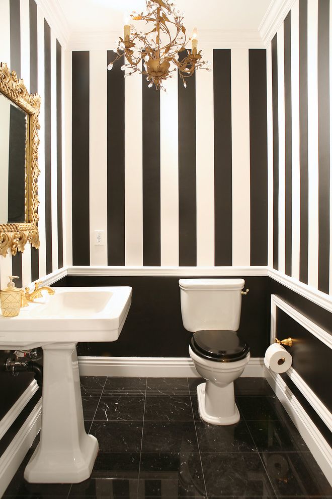 Black and Gold Bathroom Rugs with Traditional Powder Room Chandelier