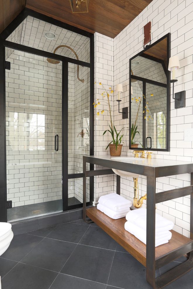 Black and Gold Bathroom Rugs with Transitional Bathroom Subway Tiles