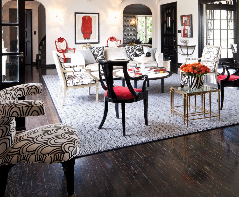 Black and White Checkered Area Rug with Eclectic Living Room Nesting Tables