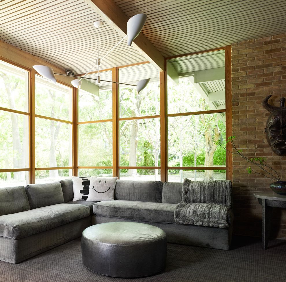 Briarwood Microfiber Sofa with Midcentury Living Room Wood Slat Ceiling