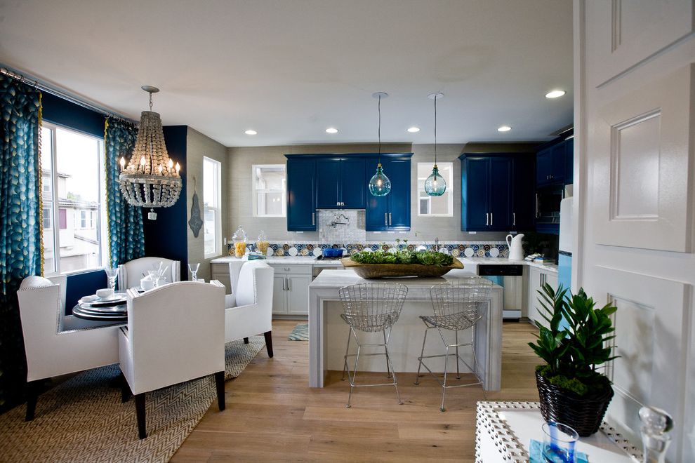 Cobalt Blue Pendant Lights with Contemporary Kitchen Colorful Tile Backsplash