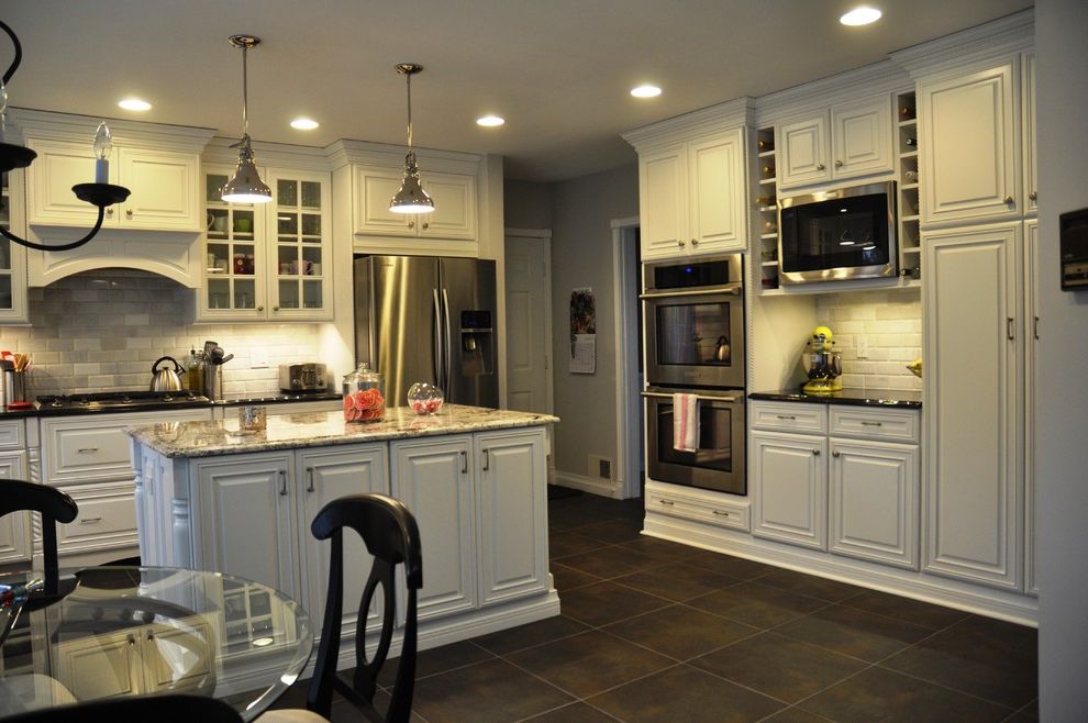 Cobalt Blue Pendant Lights with Traditional Kitchen Tile