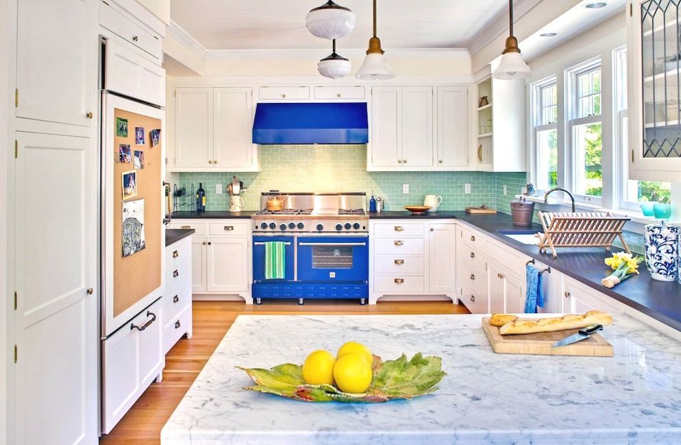 Cobalt Blue Pendant Lights with Victorian Kitchen Craftsman Door