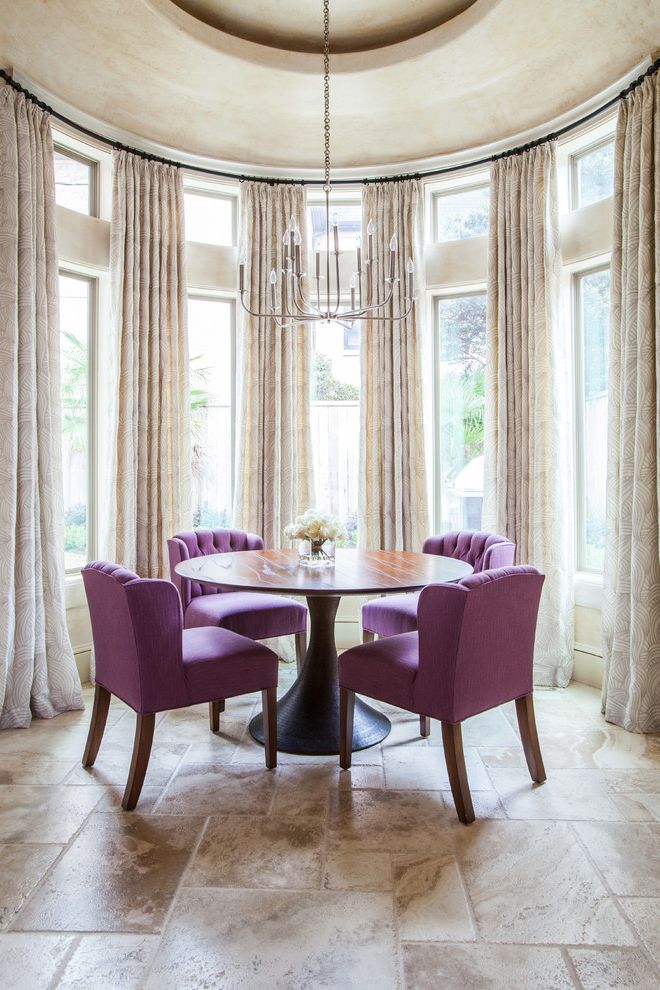 Curtain Rods Angled Windows with Transitional Dining Room Wood Table