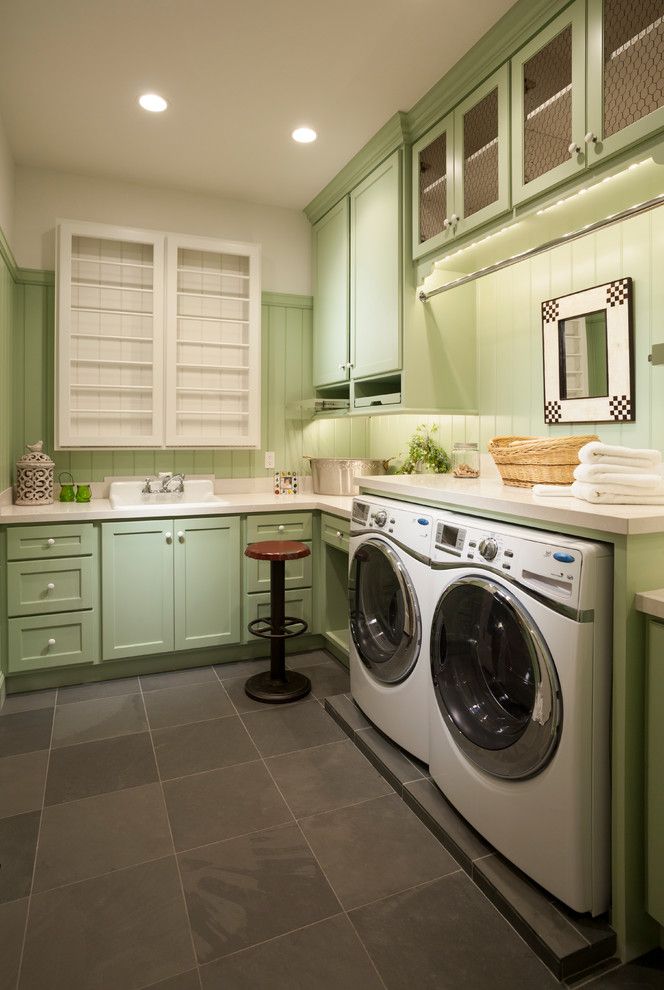 Decorative Garment Rack with Traditional Laundry Room Stone Floor Tile