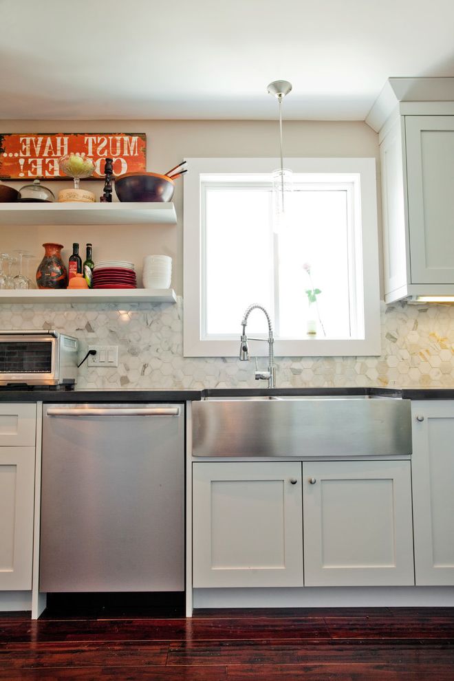 Drop in Farmhouse Sink with Eclectic Kitchen Calacatta Backsplash