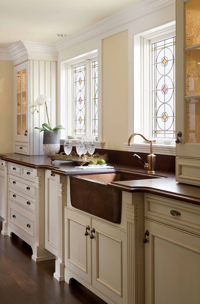 Drop in Farmhouse Sink with Traditional Kitchen Glass Front Cabinets