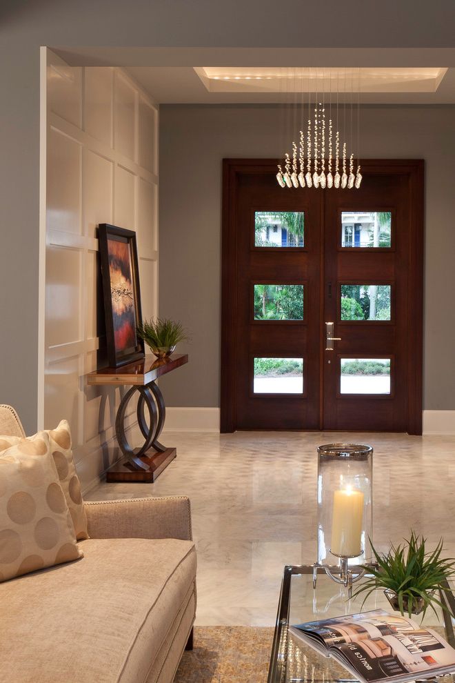 Front Door Curtain Panel with Contemporary Entry Chandelier