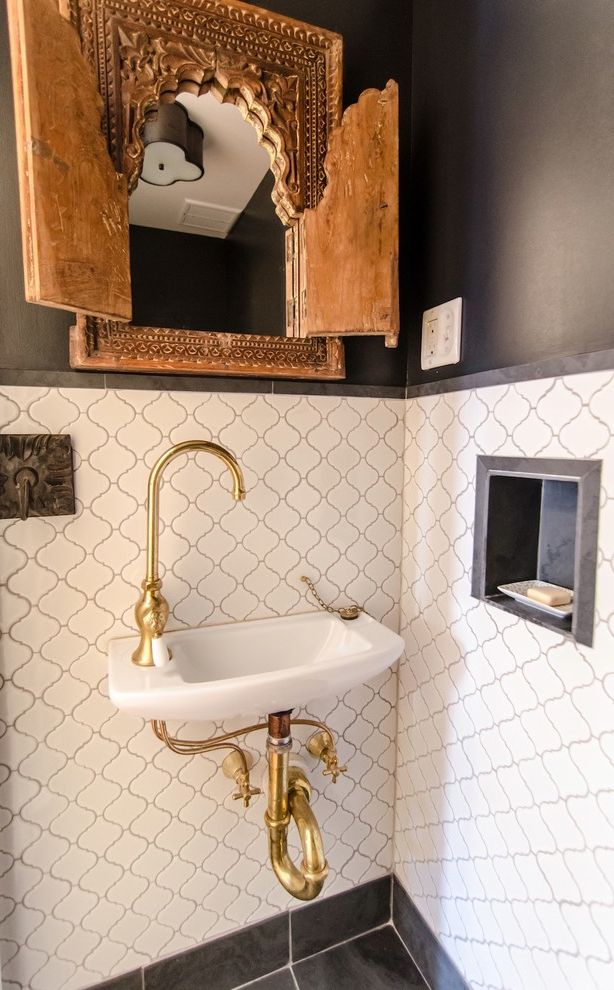 Kingston Brass Faucet  with Mediterranean Powder Room Antique Carved Wooden Mirror Frame