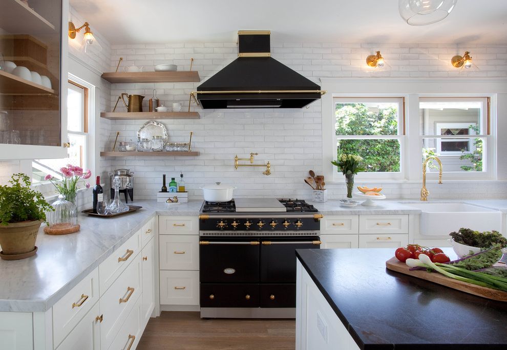 Kingston Brass Faucet  with Transitional Kitchen Black Range Hood