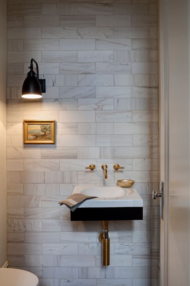 Kingston Brass Faucet  with Transitional Powder Room White Stone Tile Wall
