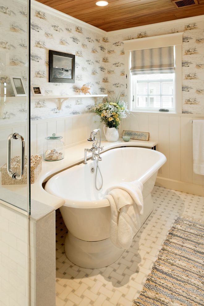 Kohler Freestanding Tub Faucet with Beach Style Bathroom White Painted Wood