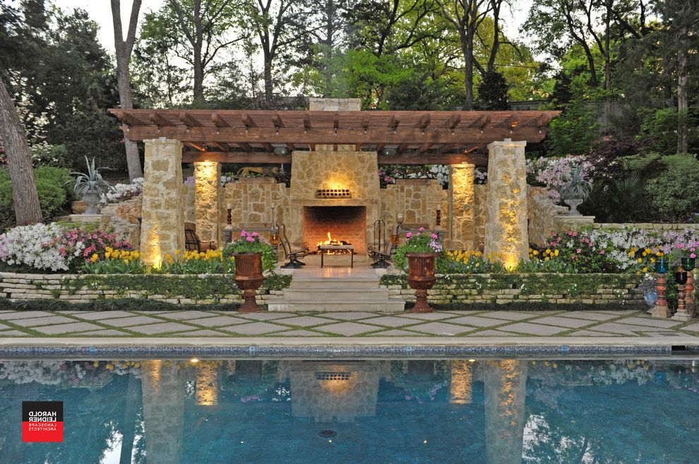 Outdoor Table with Mediterranean Landscape Fireplace Stone Fireplace