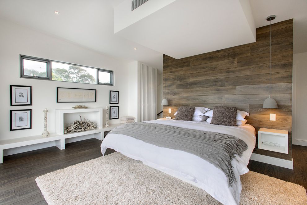 Photographer's Tripod Floor Lamp with Contemporary Bedroom Wood Paneling