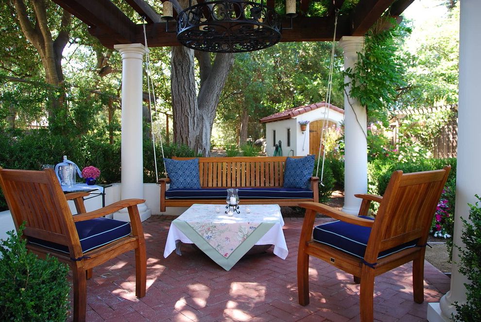 Porch Swings with Mediterranean Patio String Lighting
