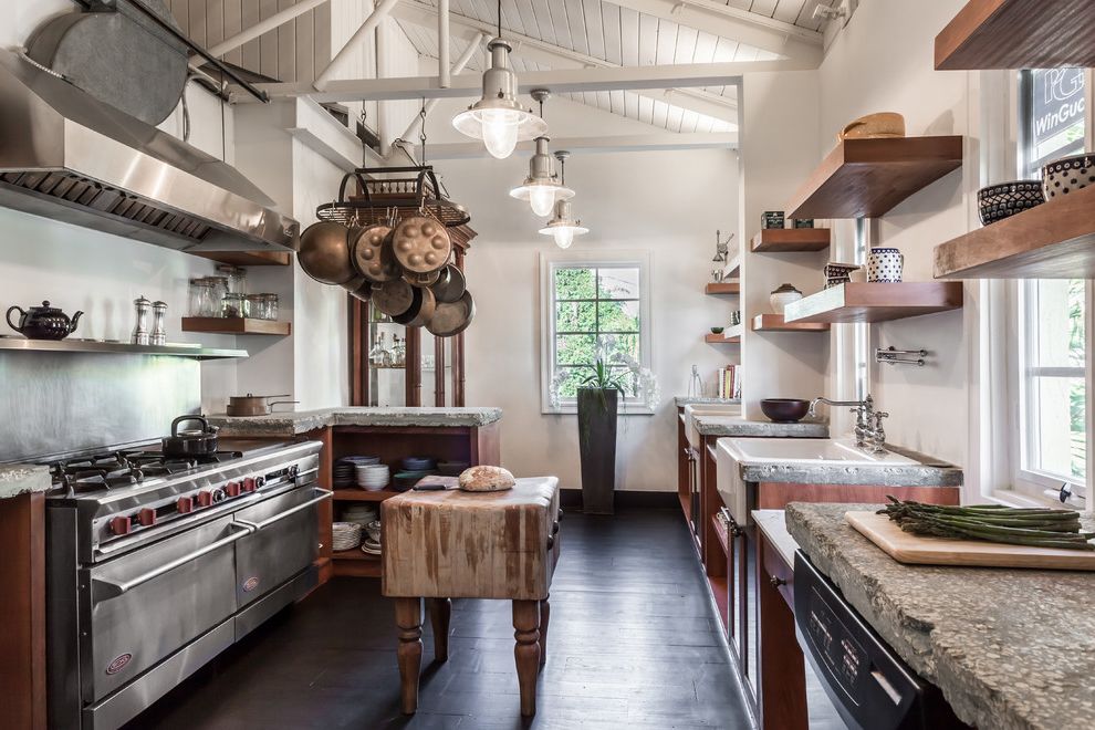 Whalen Industrial Rack with Farmhouse Kitchen Pots Hanging in Kitchen