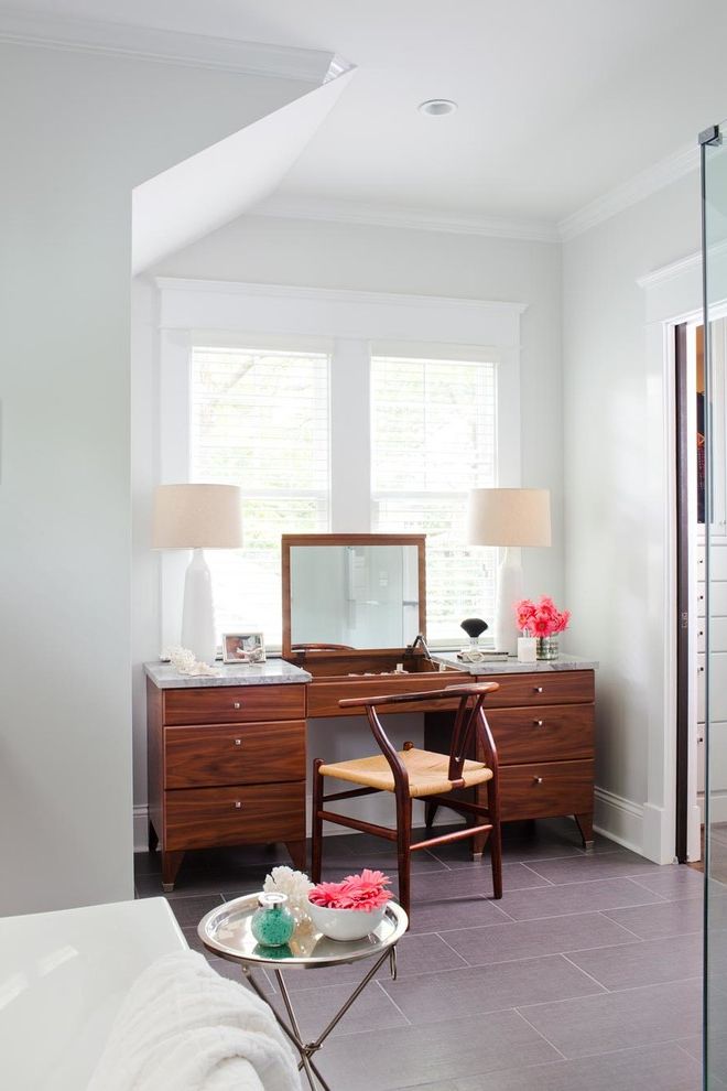 Double Vanity with Makeup Station Contemporary Bathroom with Baseboard