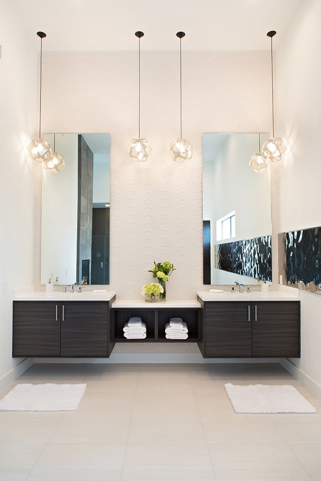 Double Vanity with Makeup Station Contemporary Bathroom with Textured Wall Tile