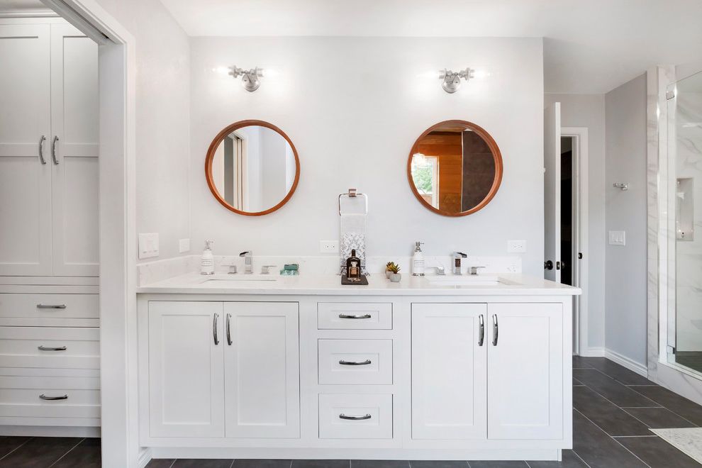 Double Vanity with Makeup Station Contemporary Bathroom with Wood Accent Wall