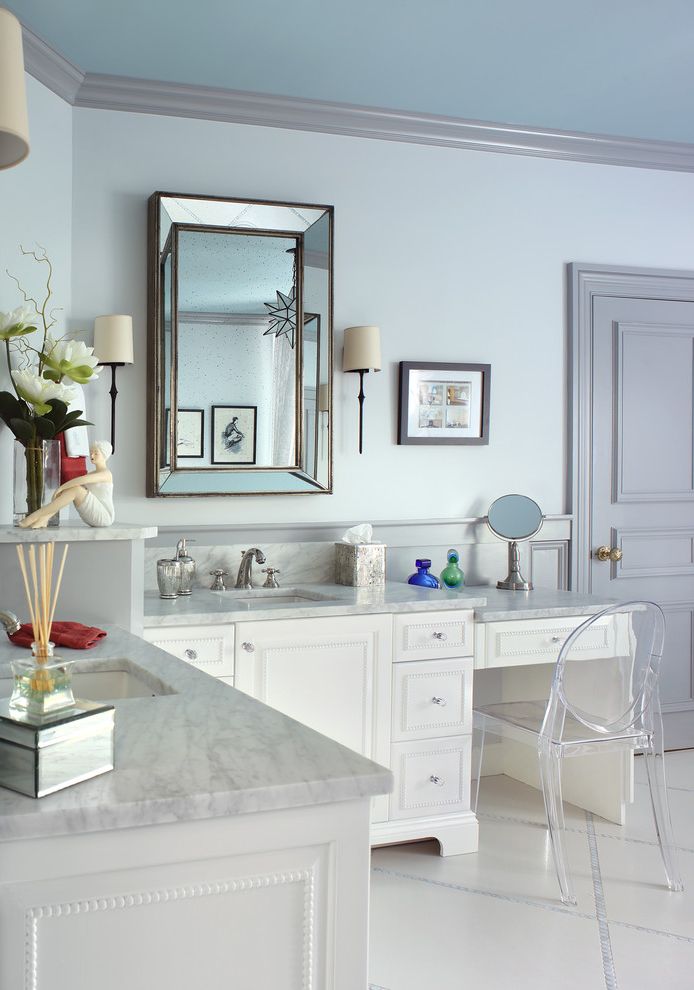 Double Vanity with Makeup Station Traditional Bathroom with Crystal Knobs