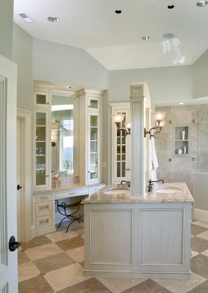 Double Vanity with Makeup Station Traditional Bathroom with Double Vanity Island