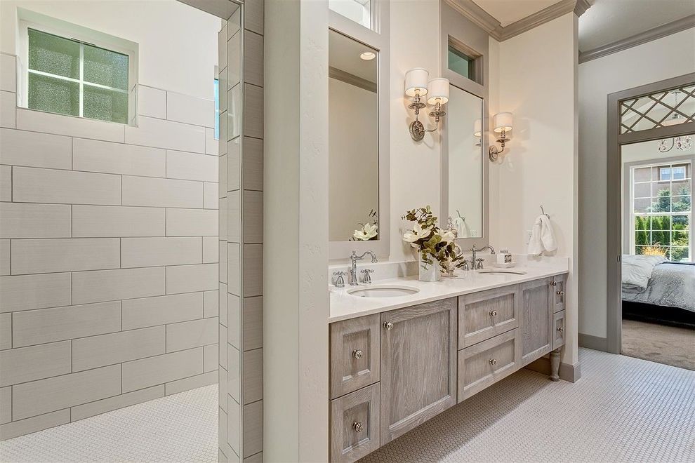 Double Vanity with Makeup Station Traditional Bathroom with Gray Trim