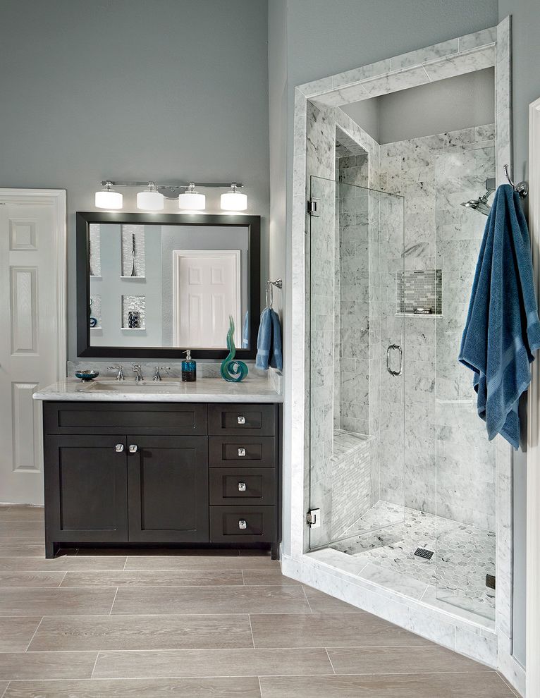 Double Vanity with Makeup Station Transitional Bathroom with Carrara Bench Seat