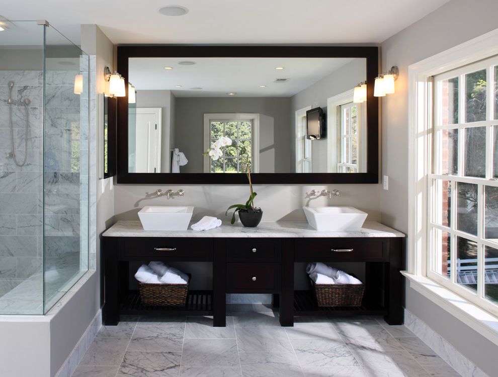 Double Vanity with Makeup Station Transitional Bathroom with Marble Flooring
