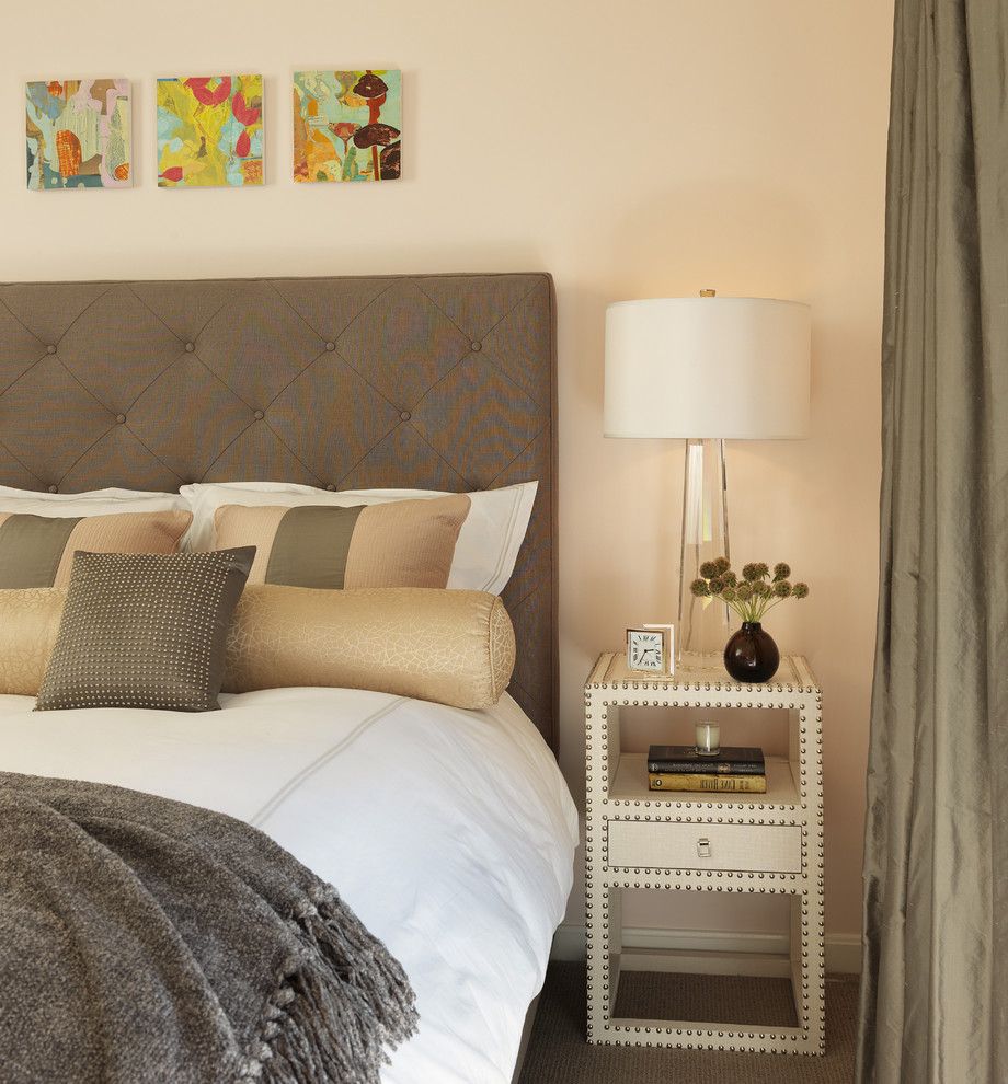 End Table with Attached Lamp Contemporary Bedroom with Curtains