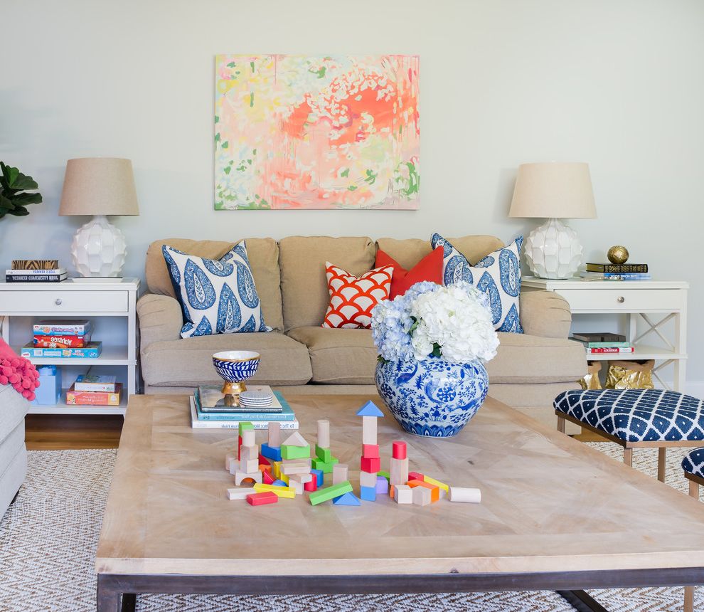 End Table with Attached Lamp Transitional Family Room with Orange