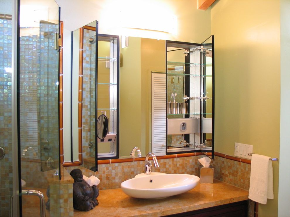 Oval Recessed Medicine Cabinet Asian Bathroom with Vessel Sink
