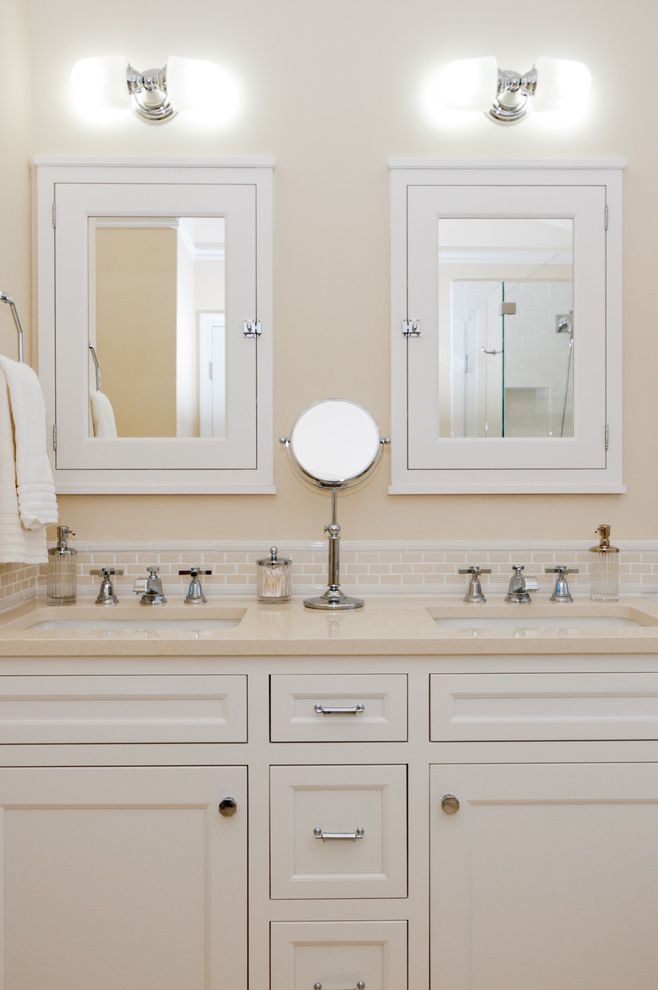 Oval Recessed Medicine Cabinet Traditional Bathroom with Mini Subway Tile