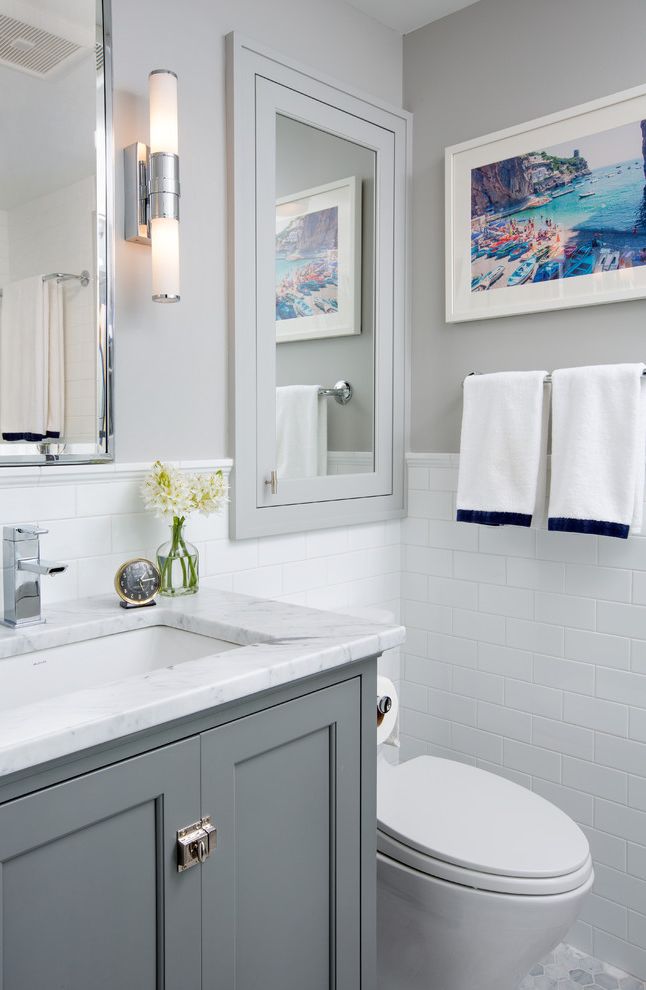 Oval Recessed Medicine Cabinet Transitional Bathroom with Wall Sconce