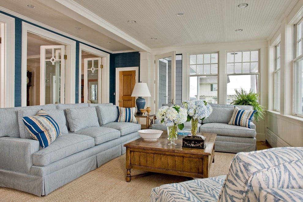 Ralph Lauren Floral Sheets Beach Style Family Room with Natural Rug