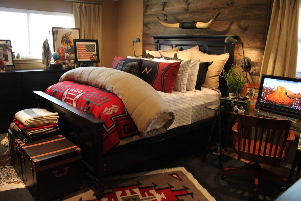 Ralph Lauren Floral Sheets Southwestern Bedroom with Rustic Headboard