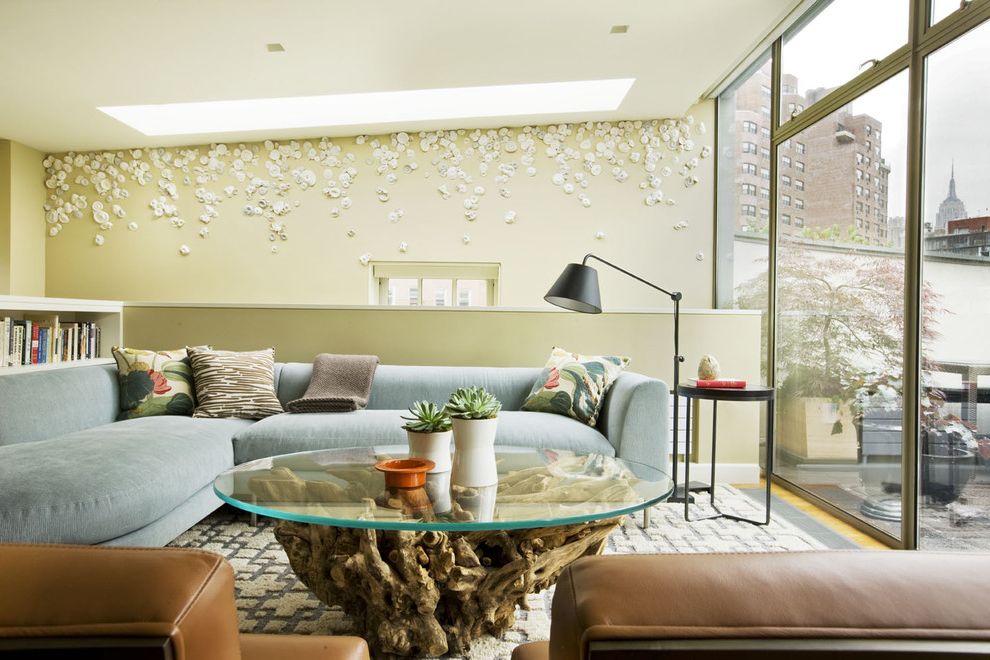 Wayfair Glass Coffee Table Midcentury Family Room with Bookshelves