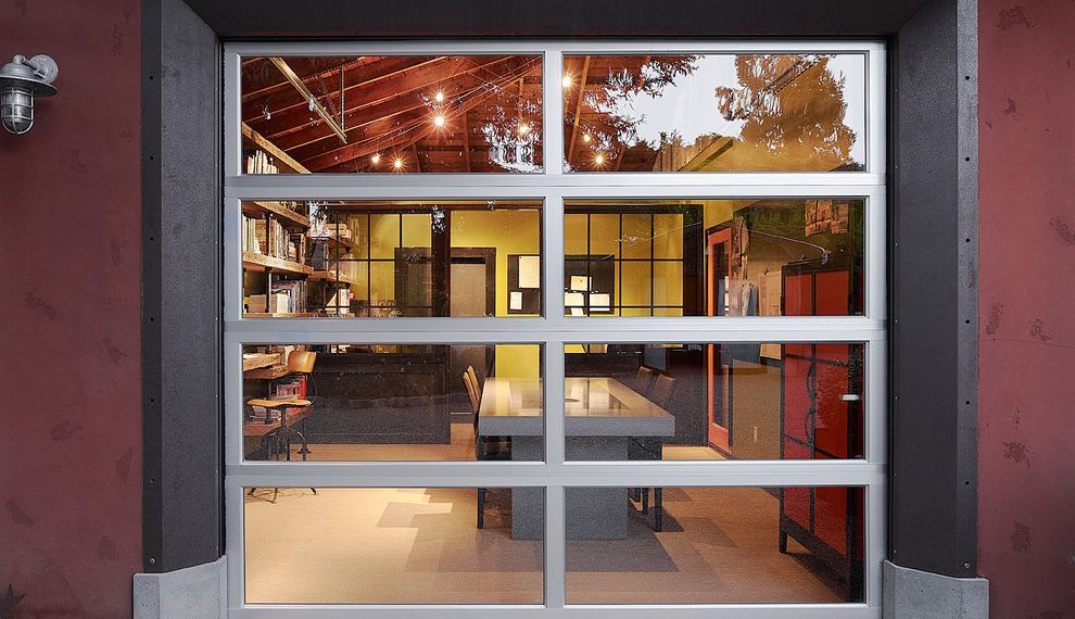 9x10 Garage Door Contemporary Home Office with Workspace