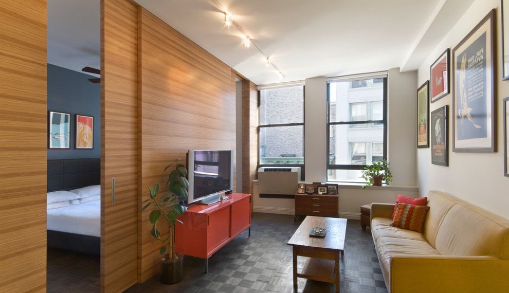 Air Conditioner Coil Contemporary Living Room with Basketweave Floor