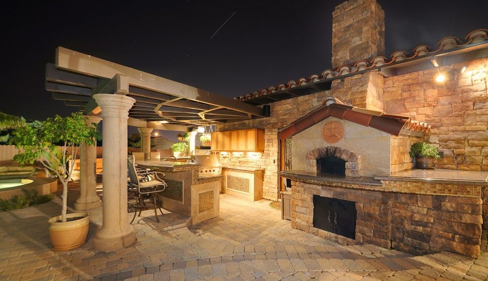 Backyard Pizza Oven Mediterranean Patio with Ledgestone