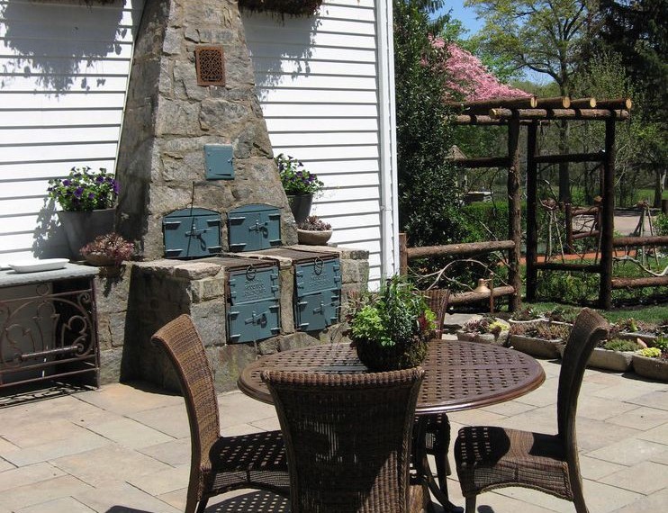 Backyard Pizza Oven Traditional Patio with Rock