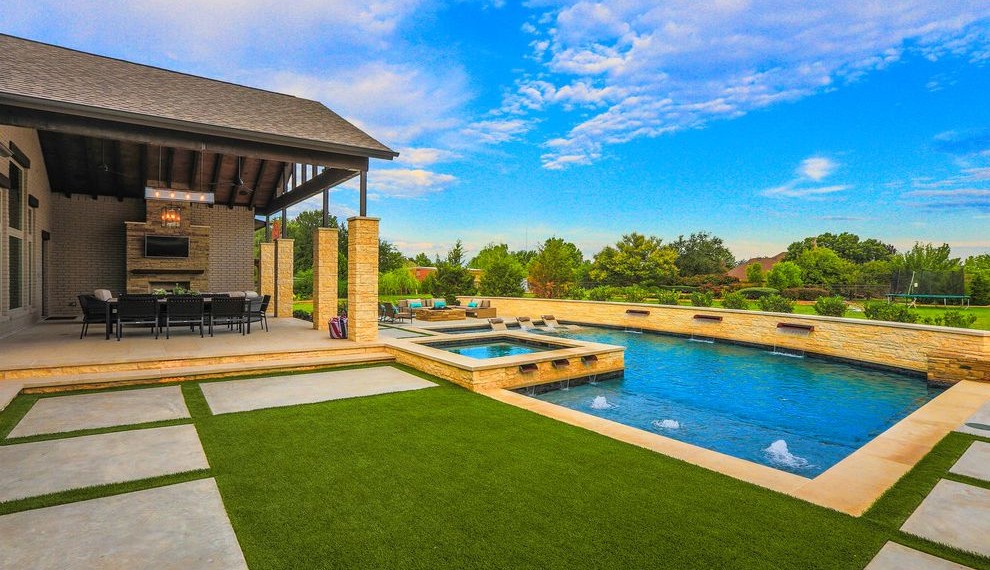 Backyard Pizza Oven Transitional Pool with Outdoor Dining
