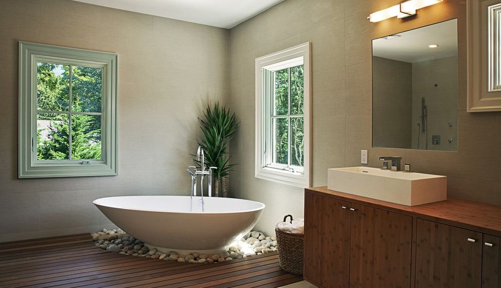 Bathroom Vanity with Makeup Counter Contemporary Bathroom with Wooden Vanity