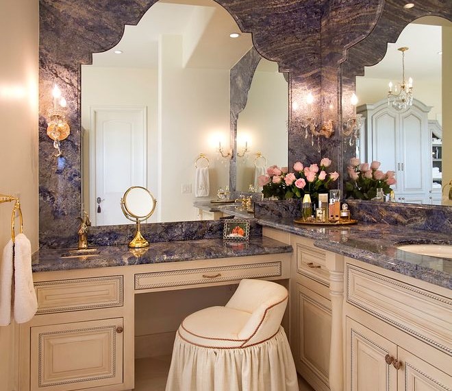 Bathroom Vanity with Makeup Counter Traditional Bathroom with Scalloped Mirror