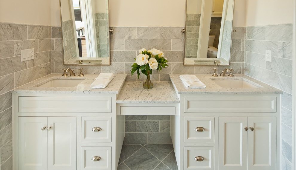 Bathroom Vanity with Makeup Counter Transitional Bathroom with White Cabinets